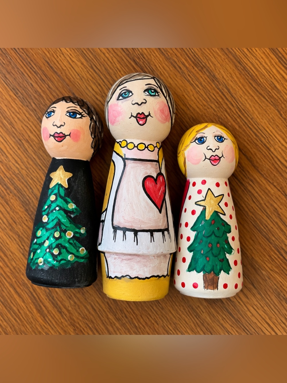 Hand Crafted Holiday Nesting Dolls Trio in Black, White, Yellow